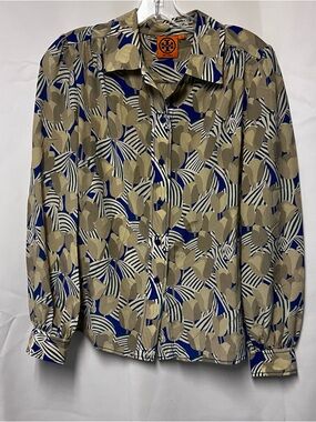 Tory Burch Green, Blue & Beige Leaf Print Button-Up Shirt